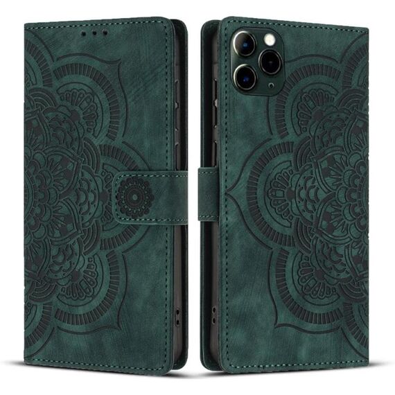 Per iPhone 11 Pro Custodia per telefono in pelle smerigliata retrò con motivo mandala in rilievo (verde)