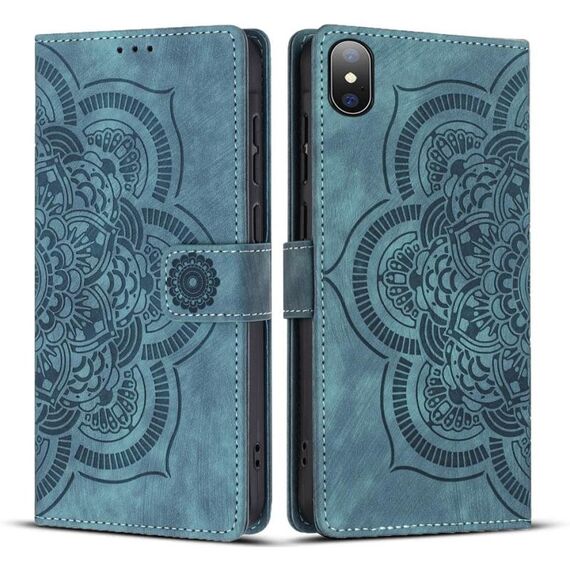 Per iPhone X / XS Custodia per telefono in pelle smerigliata retrò con stampa mandala (blu)