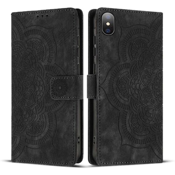 Per iPhone X / XS Custodia per telefono in pelle smerigliata retrò con motivo mandala in rilievo (nero)