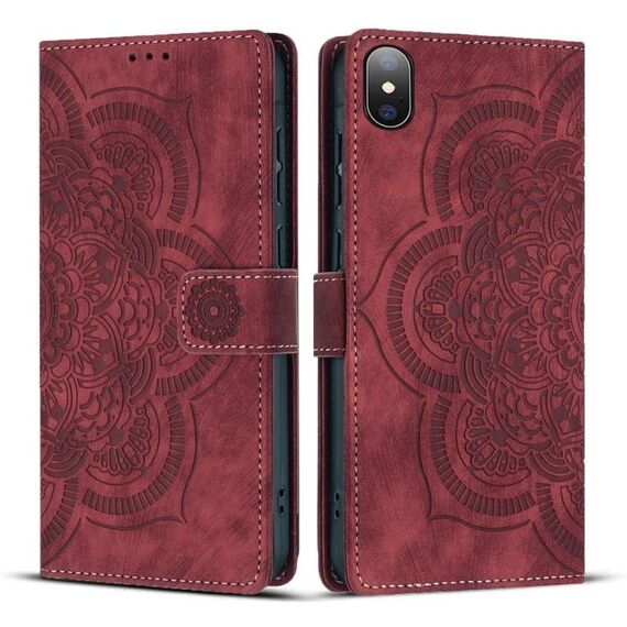 Per iPhone XS Max Custodia per telefono in pelle smerigliata retrò con motivo mandala in rilievo (rosso)
