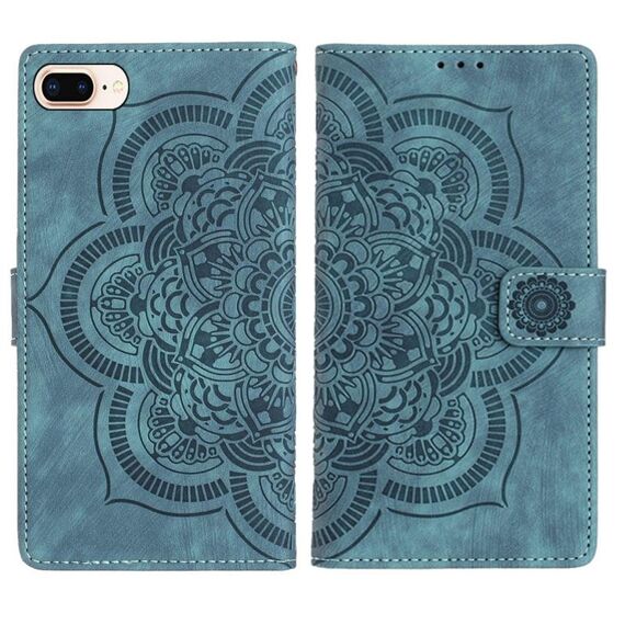 Per iPhone 7 Plus / 8 Plus Custodia per telefono in pelle smerigliata retrò con motivo mandala in rilievo (blu)