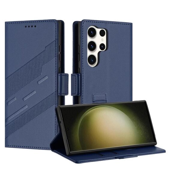 Per Samsung Galaxy S25 Ultra 5G Custodia per telefono in pelle retrò con portafoglio e ventosa laterale multifunzionale in rilievo (blu scuro)