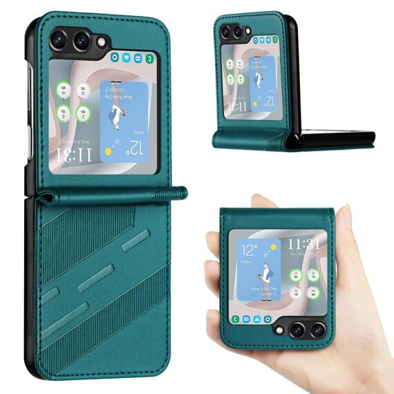 Per Samsung Galaxy Z Flip5 5G Custodia per telefono in pelle retrò con portafoglio multifunzionale in rilievo (verde scuro)