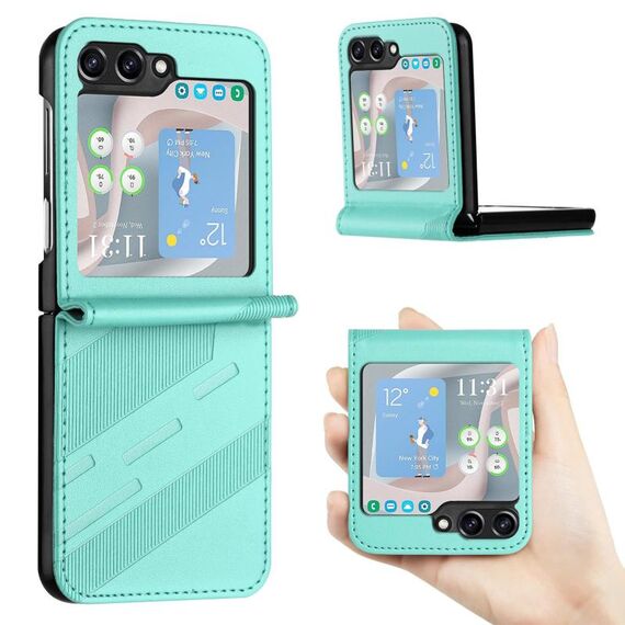 Per Samsung Galaxy Z Flip5 5G Custodia per telefono in pelle retrò con portafoglio multifunzionale in rilievo (verde menta)