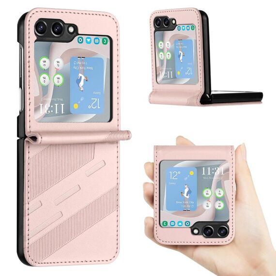 Per Samsung Galaxy Z Flip5 5G Custodia per telefono in pelle retrò con portafoglio multifunzionale in rilievo (rosa)