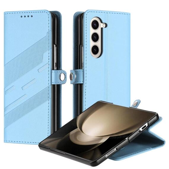 Per Samsung Galaxy Z Fold5 5G Custodia per telefono in pelle retrò con portafoglio multifunzionale in rilievo (azzurro chiaro)