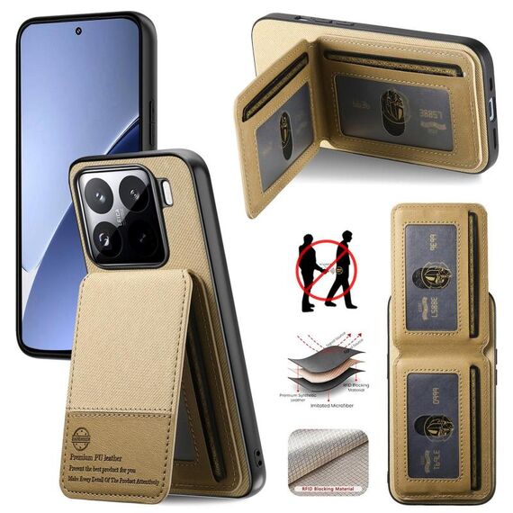 Per Xiaomi 15 Pro Twill Tessuto Pelle Verticale Flip RFID Card Bag Custodia per Telefono (Cachi)
