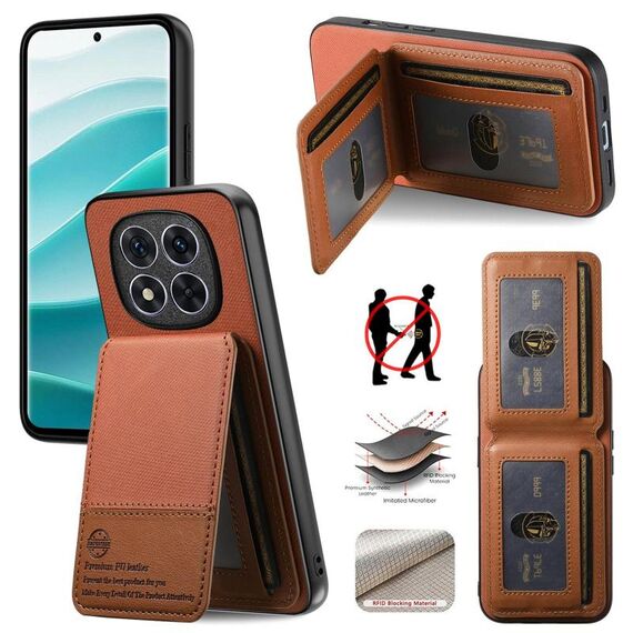 Per Redmi 14C Twill Tessuto Pelle Verticale Flip RFID Card Bag Custodia per Telefono (Marrone)