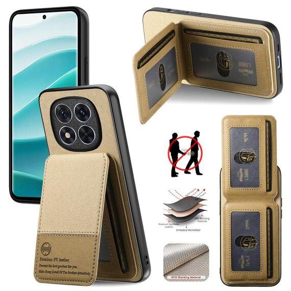 Per Redmi Note 14 Pro+ 5G Twill Tessuto Pelle Verticale Flip RFID Card Bag Custodia per Telefono (Cachi)