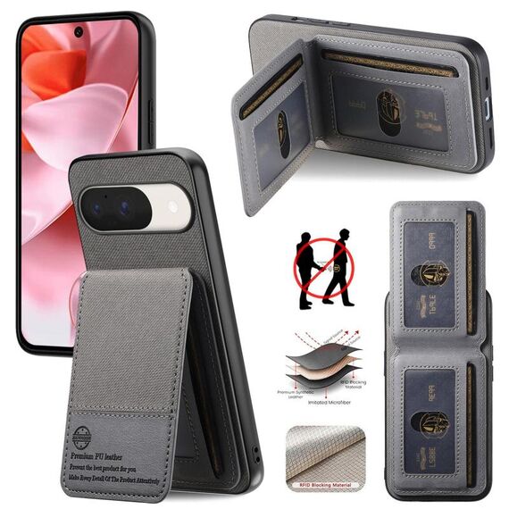 Per Google Pixel 9 / 9 Pro Custodia per telefono in tessuto Twill in pelle con cerniera verticale RFID (grigio)
