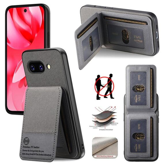 Per Google Pixel 9a Twill Tessuto Pelle Verticale Flip RFID Card Bag Custodia per Telefono (Grigio)
