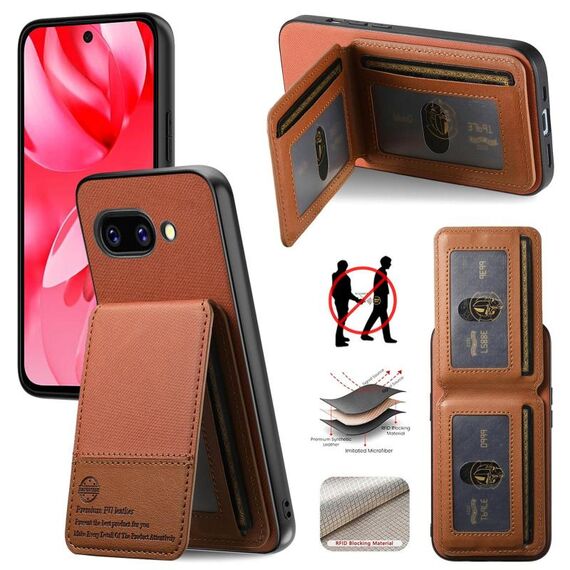 Per Google Pixel 9a Twill Tessuto Pelle Verticale Flip RFID Card Bag Custodia per Telefono (Marrone)