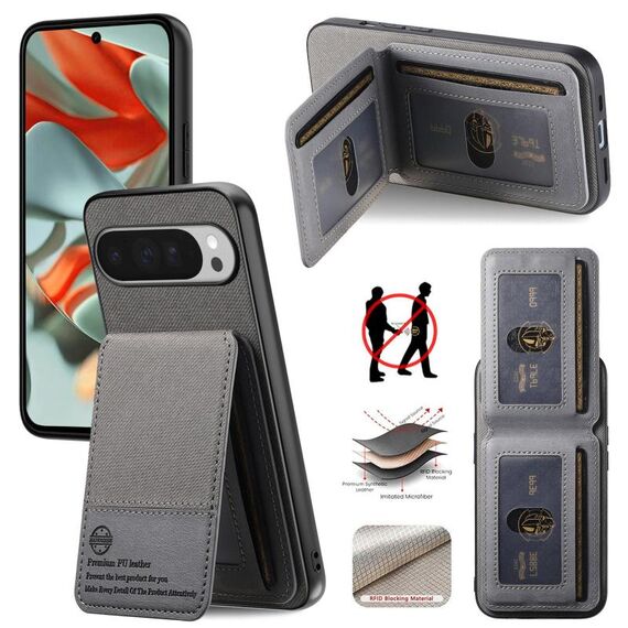 Per Google Pixel 9 Pro XL Twill Tessuto Pelle Verticale Flip RFID Card Bag Custodia per Telefono (Grigio)