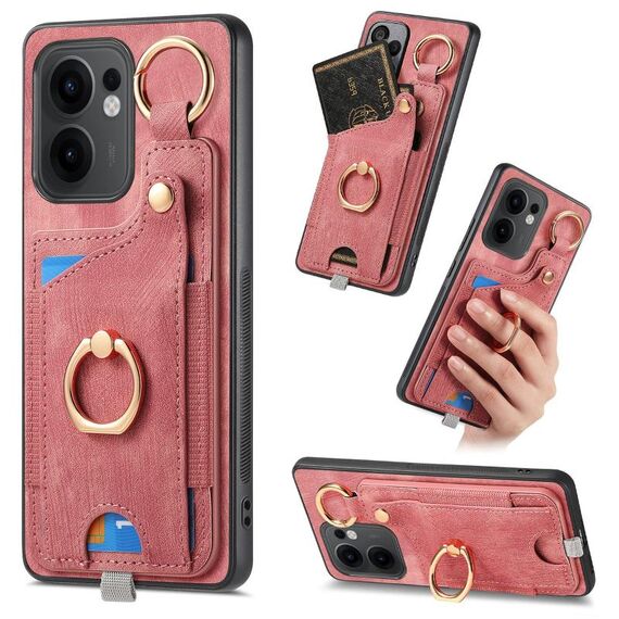 Per OPPO Reno13 F Retro Skin-feel Ring Card Bag Custodia per telefono con passante per appendere (rosa)