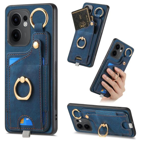 Per OPPO Reno13 F Retro Skin-feel Ring Card Bag Custodia per telefono con passante per appendere (blu)