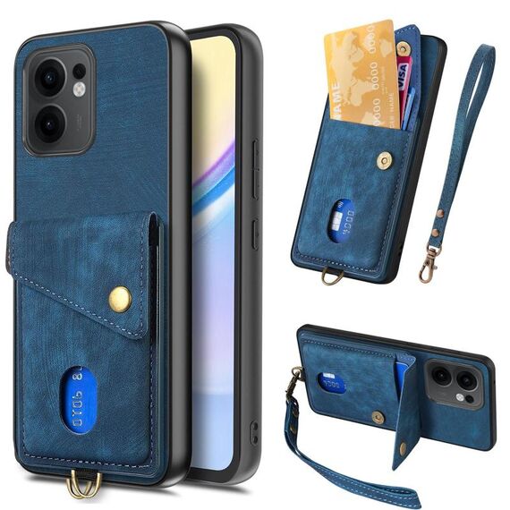 Per OPPO Reno13 F Retro Card Wallet Fold Custodia in pelle per telefono con cinturino (blu)