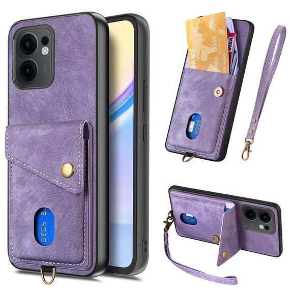 Per OPPO Reno13 F Retro Card Wallet Fold Custodia in pelle per telefono con cinturino (viola)