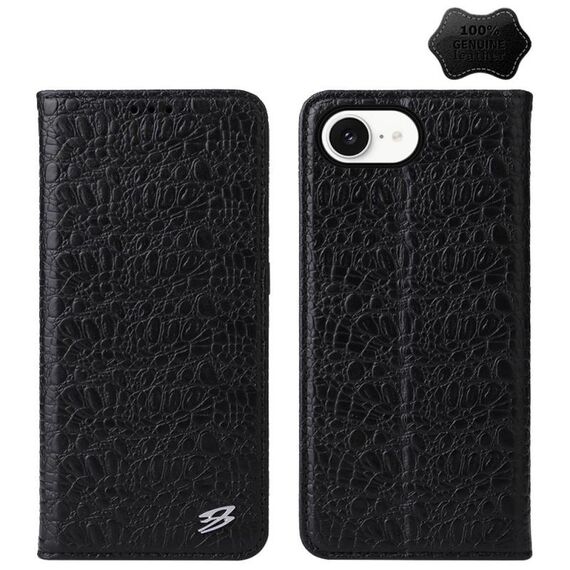Per iPhone 16e Fierre Shann Custodia magnetica in vera pelle con texture di coccodrillo (nero)
