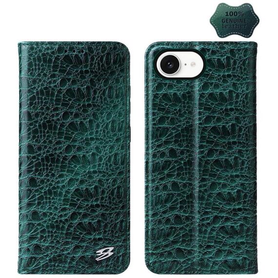 Per iPhone 16e Fierre Shann Custodia magnetica in vera pelle con texture di coccodrillo (verde)