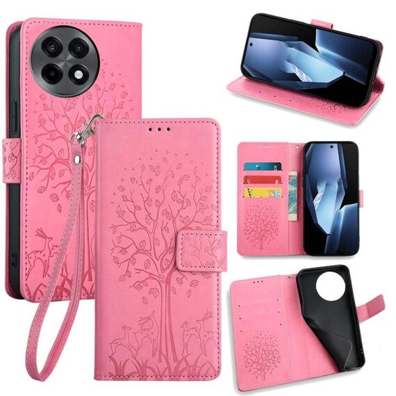 Per OnePlus Ace 5 / 5 Pro Custodia in pelle goffrata con motivo albero e cervo (rosa)