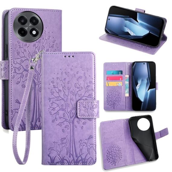 Per OnePlus Ace 5 / 5 Pro Custodia in pelle goffrata con motivo albero e cervo (viola)