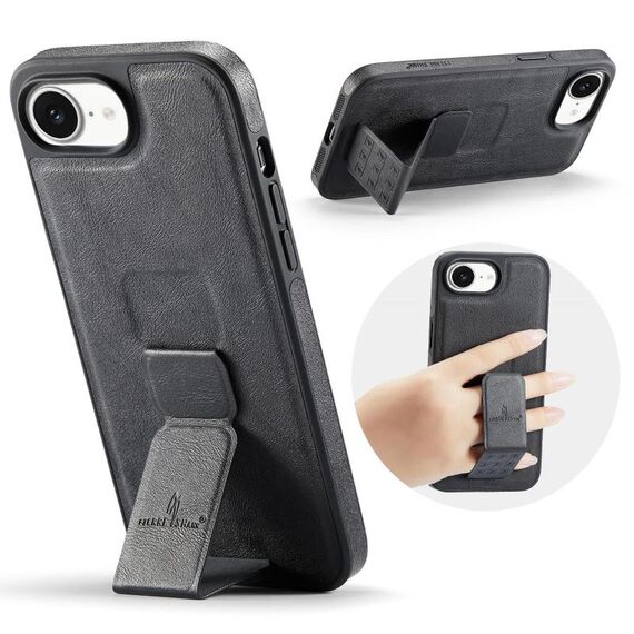 Per iPhone 16e Fierre Shann Custodia per telefono con supporto posteriore in pelle di mucca cerata e olio (nero)