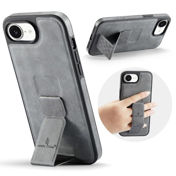 Per iPhone 16e Fierre Shann Oil Wax Cow Leather Holder Back Phone Case (grigio)