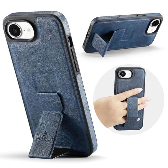Per iPhone 16e Fierre Shann Custodia per telefono con supporto posteriore in pelle di mucca cerata e olio (blu)