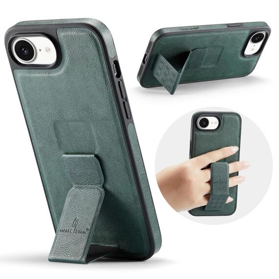 Per iPhone 16e Fierre Shann Custodia per telefono con supporto posteriore in pelle di mucca cerata e olio (verde)