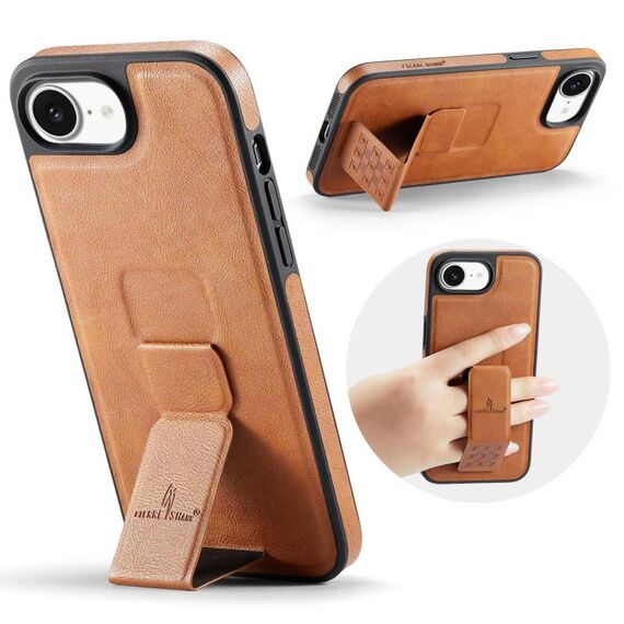 Per iPhone 16e Fierre Shann Custodia per telefono con supporto posteriore in pelle di mucca cerata e olio (marrone)