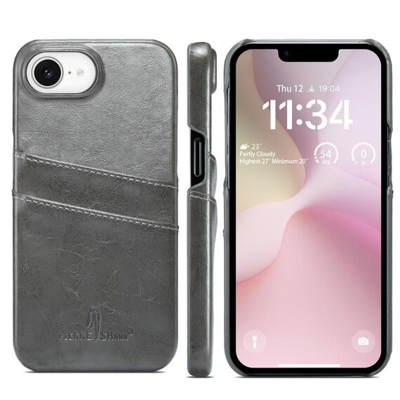 Per iPhone 16e Fierre Shann Retro Oil Wax Texture Card Slots PU Custodia in pelle per telefono (grigio)