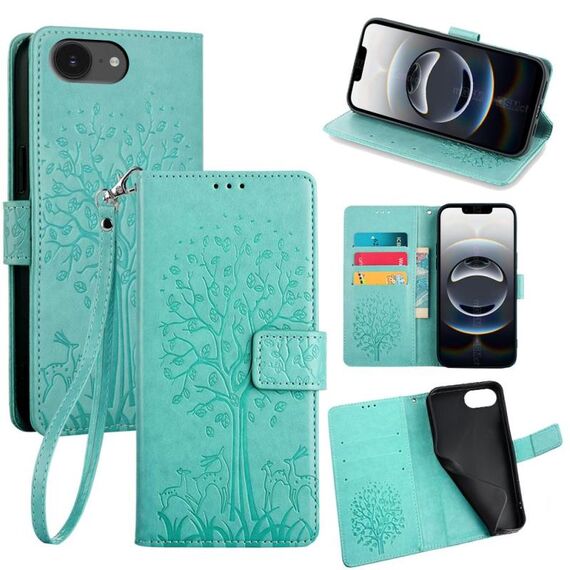 Per iPhone 16e Custodia in pelle goffrata con motivo albero e cervo (verde)