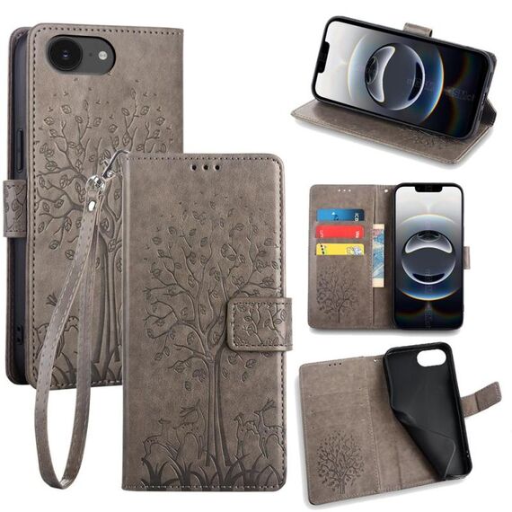 Per iPhone 16e Custodia in pelle goffrata con motivo albero e cervo (grigio)