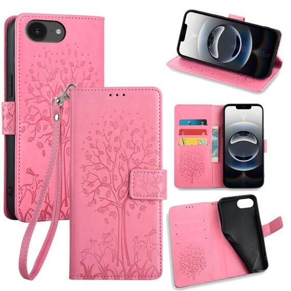 Per iPhone 16e Custodia in pelle goffrata con motivo albero e cervo (rosa)
