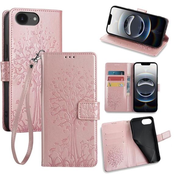 Per iPhone 16e Custodia in pelle goffrata con motivo albero e cervo (oro rosa)