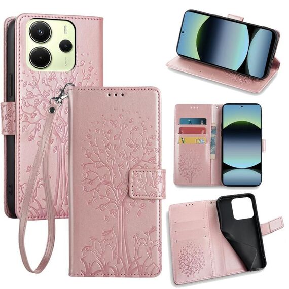 Per Redmi Note 14 4G 163,25 mm Custodia in pelle goffrata con motivo albero e cervo (oro rosa)