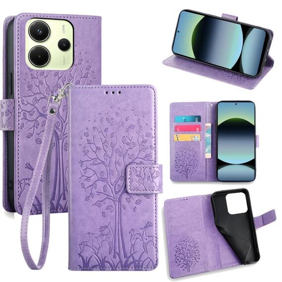Per Redmi Note 14 4G 163,25 mm Custodia in pelle goffrata con motivo albero e cervo (viola)