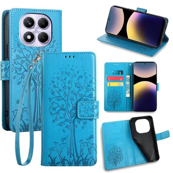 Per Redmi Note 14 Pro 4G Custodia in pelle goffrata con motivo albero e cervo (blu)