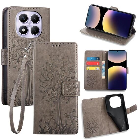 Per Redmi Note 14 Pro 4G Custodia in pelle goffrata con motivo albero e cervo (grigio)