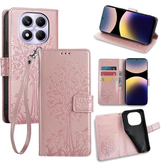 Per Redmi Note 14 Pro 4G Custodia in pelle goffrata con motivo albero e cervo (oro rosa)
