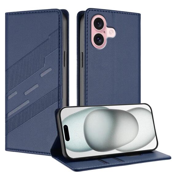 Per iPhone 16 Custodia per telefono in pelle retrò con portafoglio multifunzionale in rilievo (blu scuro)