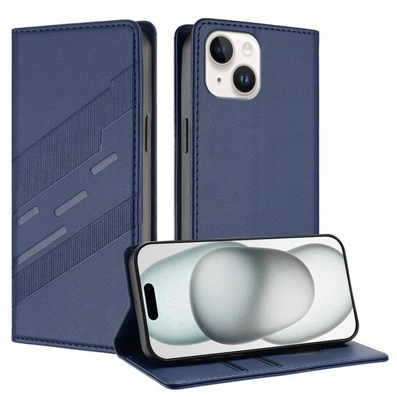 Per iPhone 15 Custodia per telefono in pelle retrò con portafoglio multifunzionale in rilievo (blu scuro)