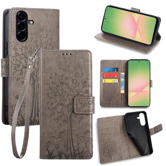 Per Samsung Galaxy A56 5G Custodia in pelle goffrata con motivo albero e cervo (grigio)