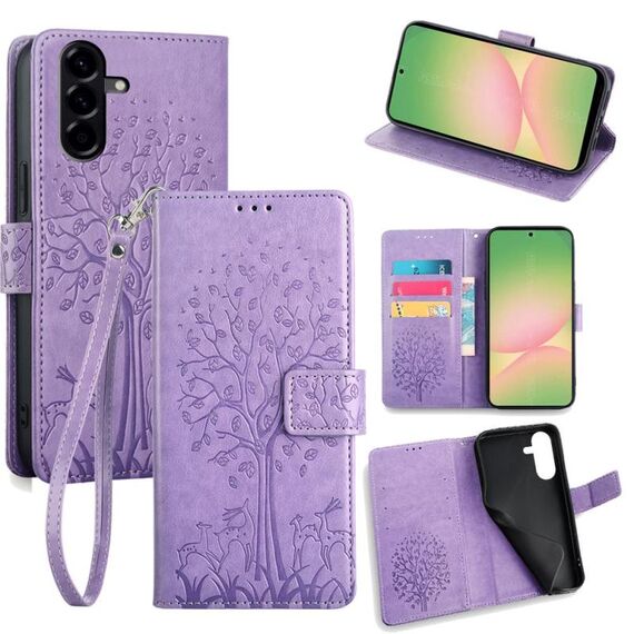 Per Samsung Galaxy A56 5G Custodia in pelle goffrata con motivo albero e cervo (viola)
