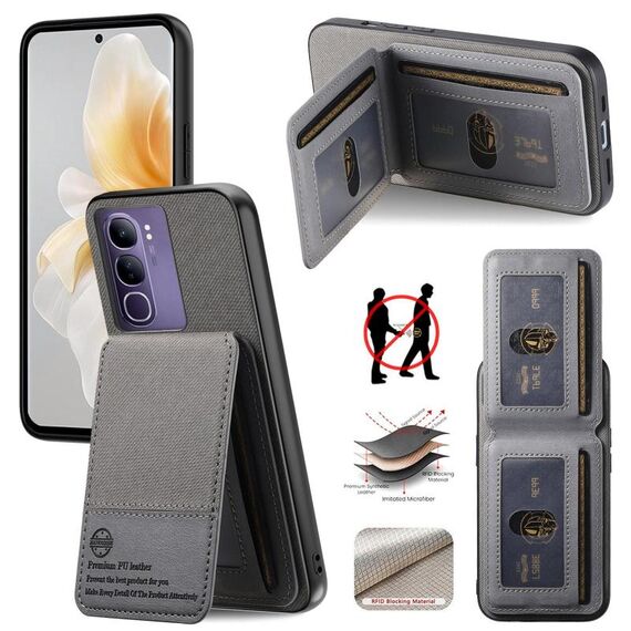 Per vivo V40 Lite 4G Twill Tessuto Pelle Verticale Flip RFID Card Bag Custodia per Telefono (Grigio)