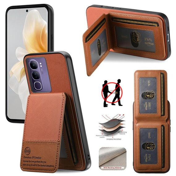 Per vivo V40 Lite 4G Twill Tessuto Pelle Verticale Flip RFID Card Bag Custodia per Telefono (Marrone)
