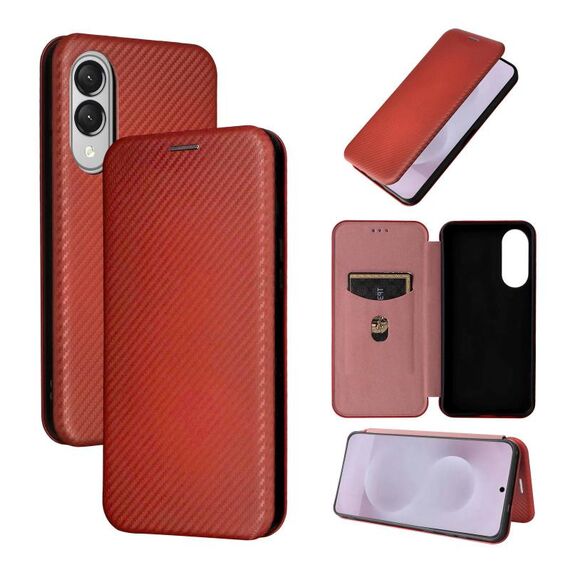 Per Samsung Galaxy S25 Edge 5G Custodia in pelle con texture in fibra di carbonio (marrone)