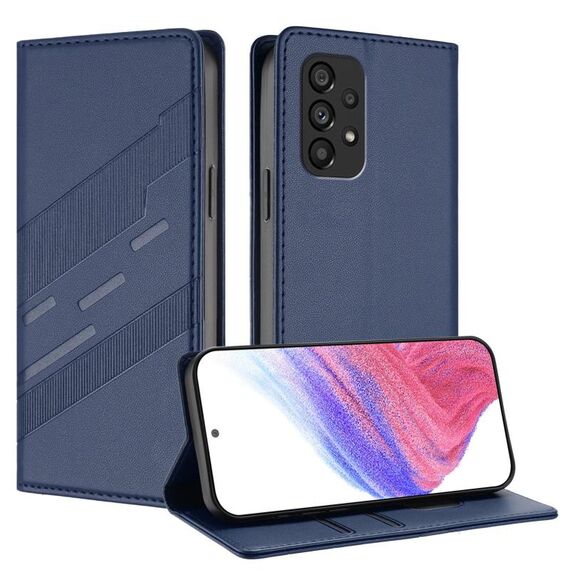 Per Samsung Galaxy A53 5G Custodia per telefono in pelle retrò con portafoglio multifunzionale in rilievo (blu scuro)