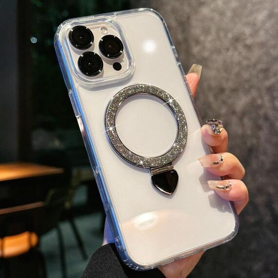 Per iPhone 16 Pro Max Love Glitter Powder MagSafe Holder Custodia per telefono con pellicola per obiettivo (argento)