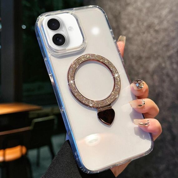 Per iPhone 16 Love Glitter Powder MagSafe Holder Custodia per telefono con pellicola per obiettivo (oro)